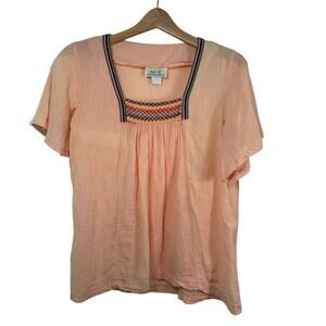 Vintage Dani Lewis 100% Cotton Embroidered Peasant Top Boho Shirt Peach Rainbow